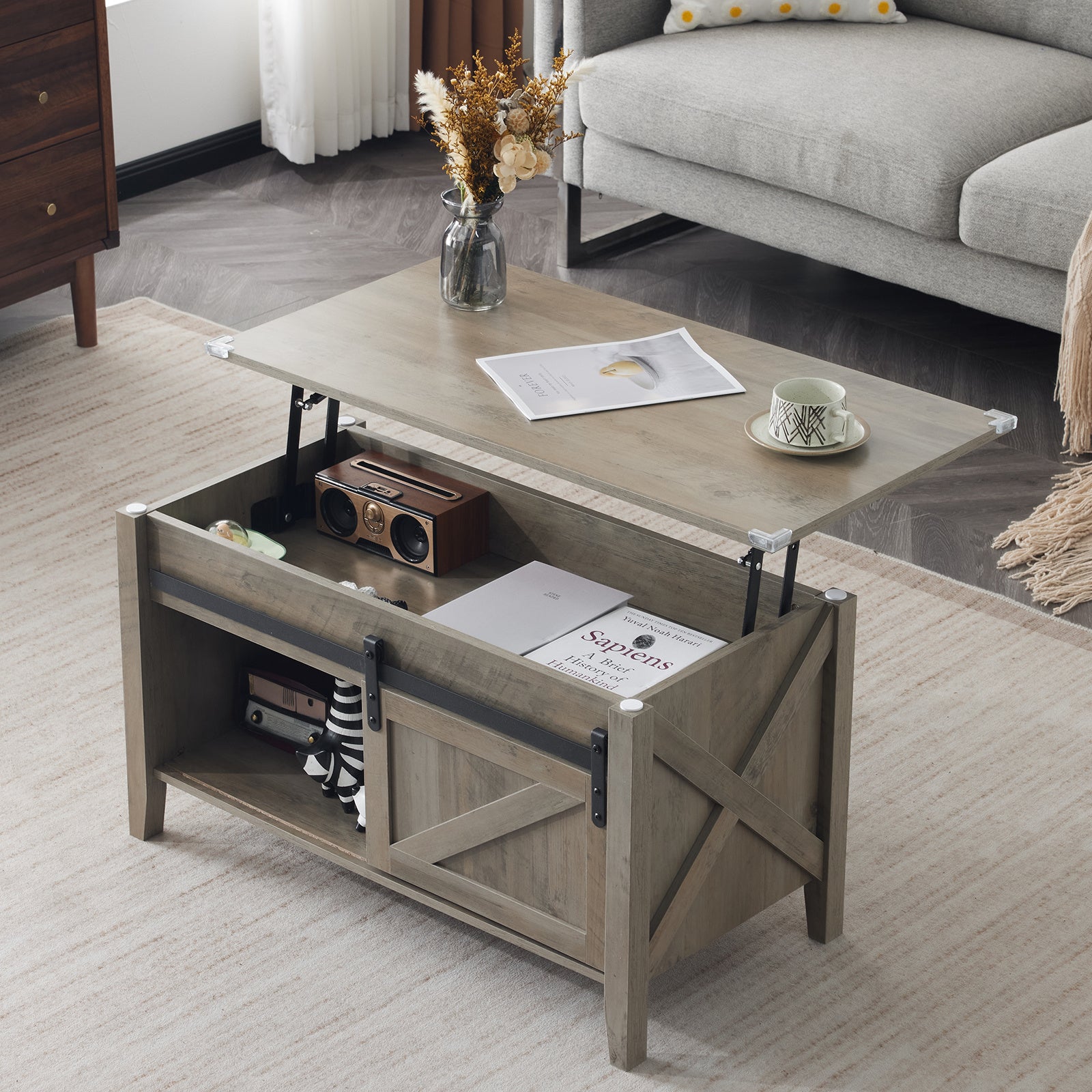 Lift Top Coffee Table 36" Farmhouse Rustic Wood Hidden Storage & Sliding Barn