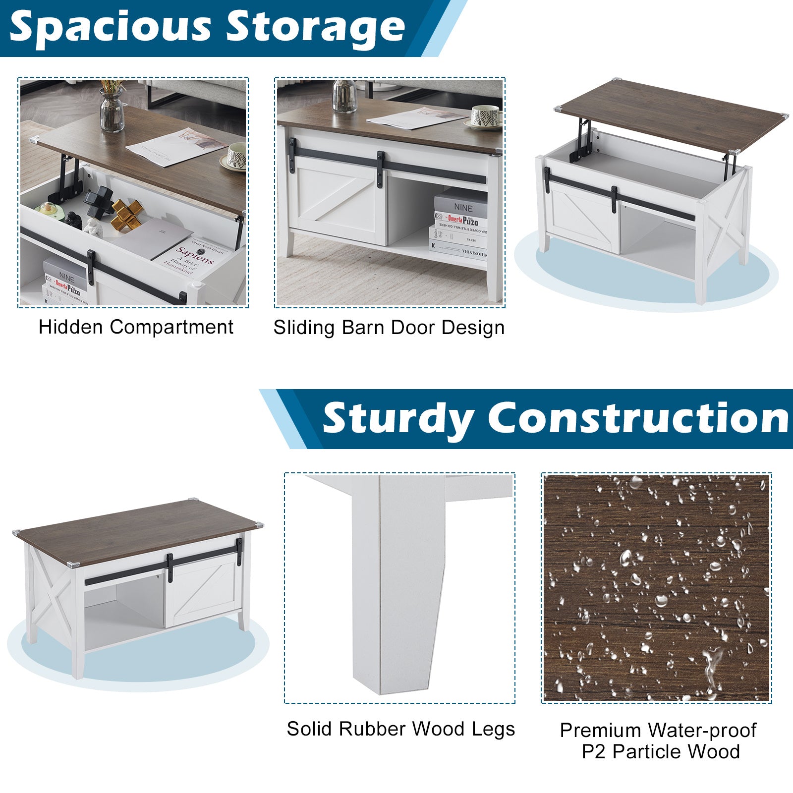 Lift Top Coffee Table 36" Farmhouse Rustic Wood Hidden Storage & Sliding Barn