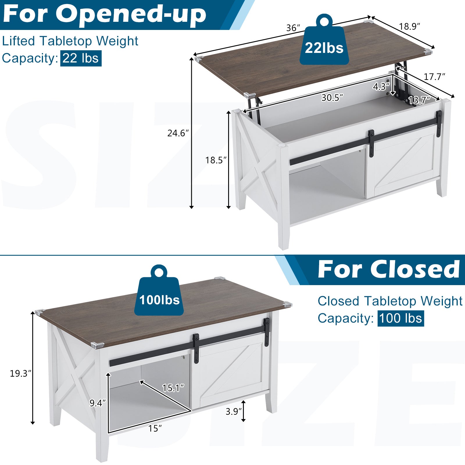 Lift Top Coffee Table 36" Farmhouse Rustic Wood Hidden Storage & Sliding Barn
