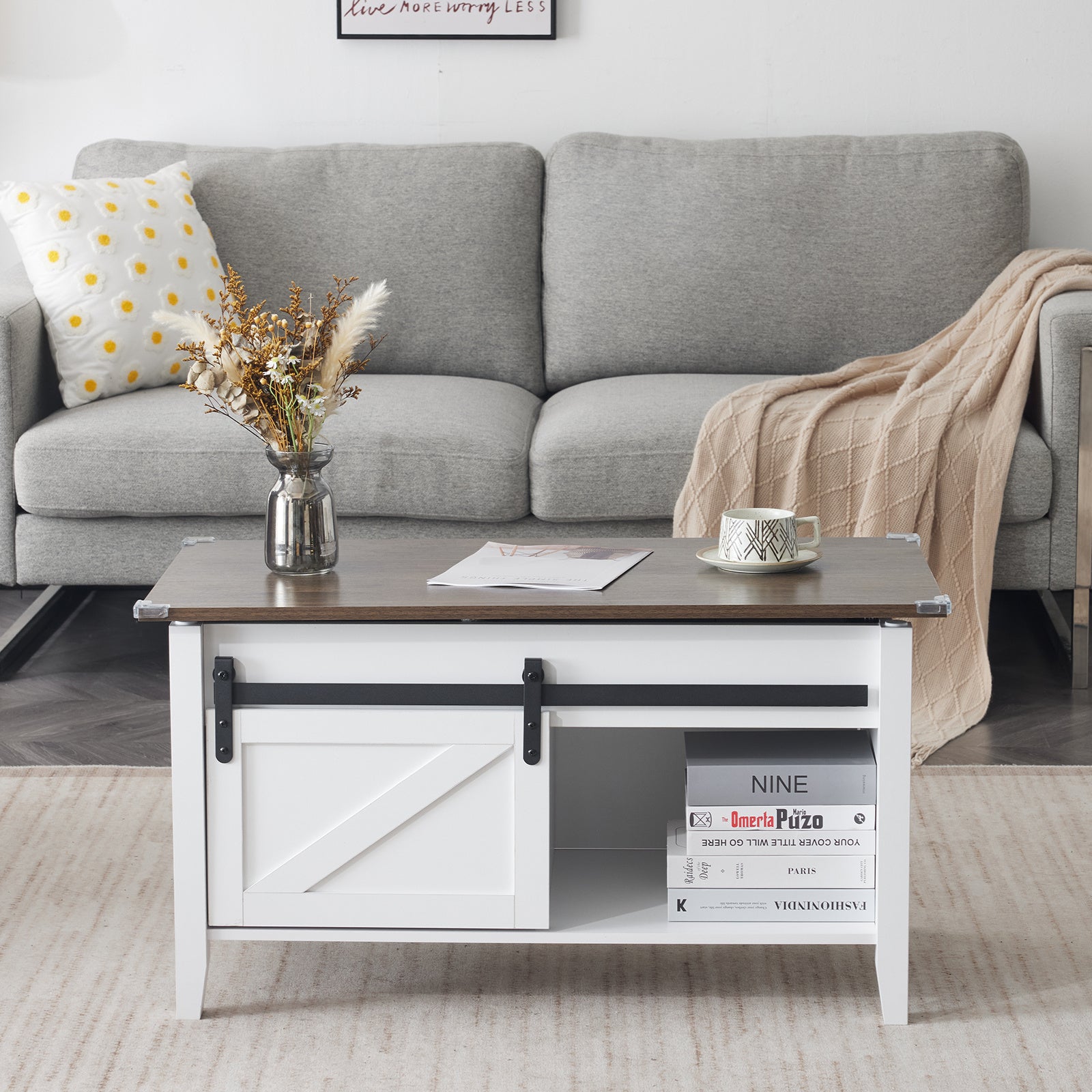 Lift Top Coffee Table 36" Farmhouse Rustic Wood Hidden Storage & Sliding Barn