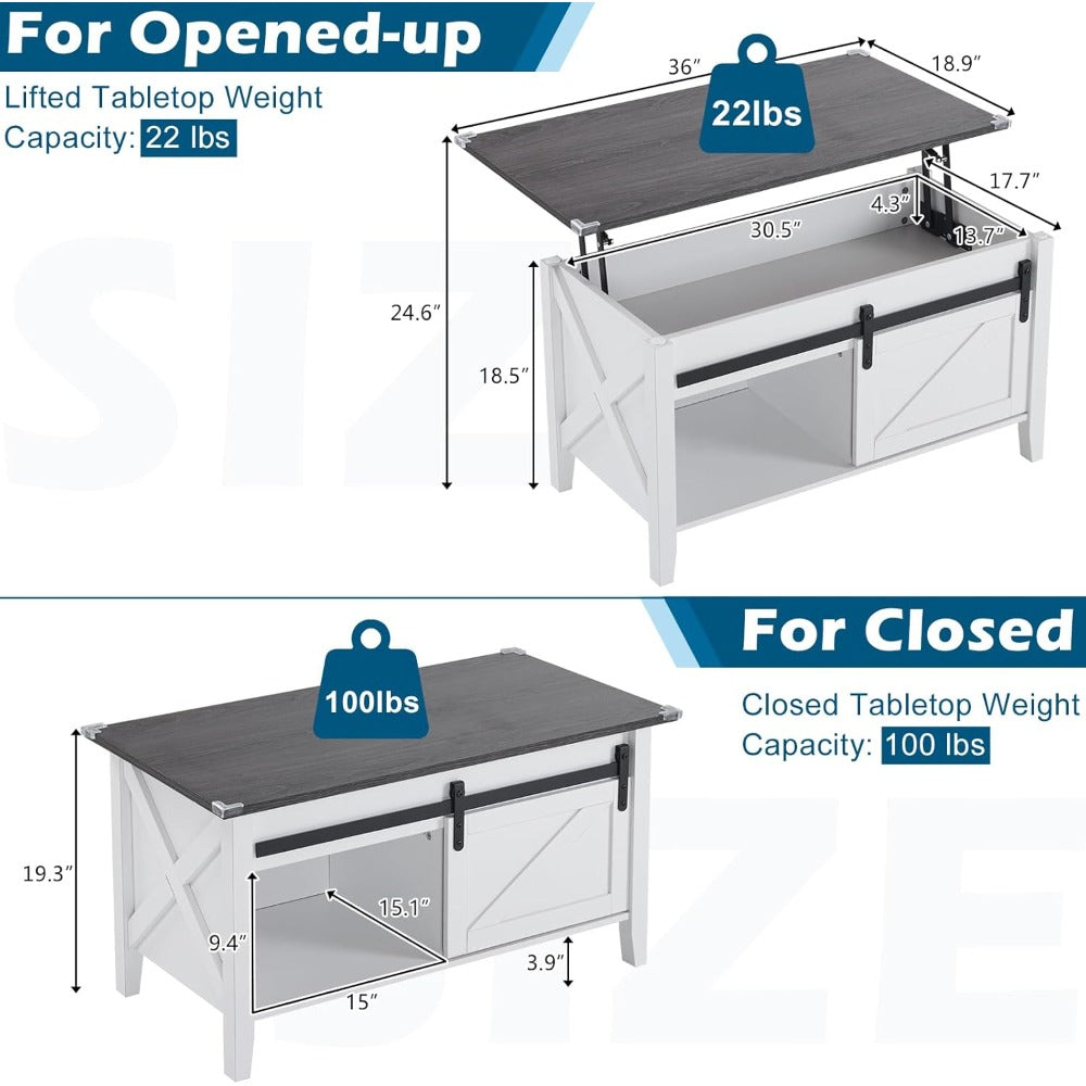 Lift Top Coffee Table 36" Farmhouse Rustic Wood Hidden Storage & Sliding Barn