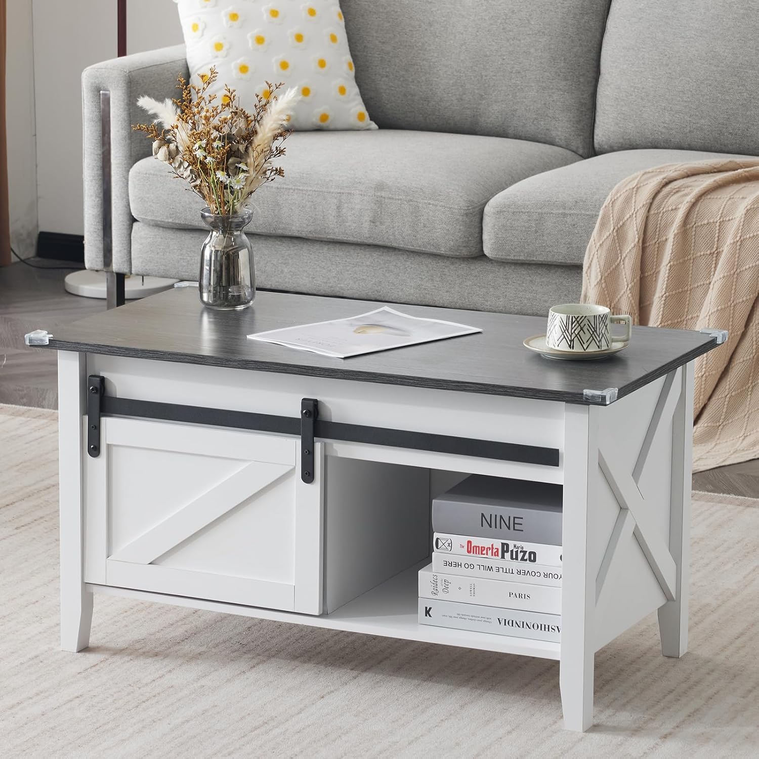 Lift Top Coffee Table 36" Farmhouse Rustic Wood Hidden Storage & Sliding Barn