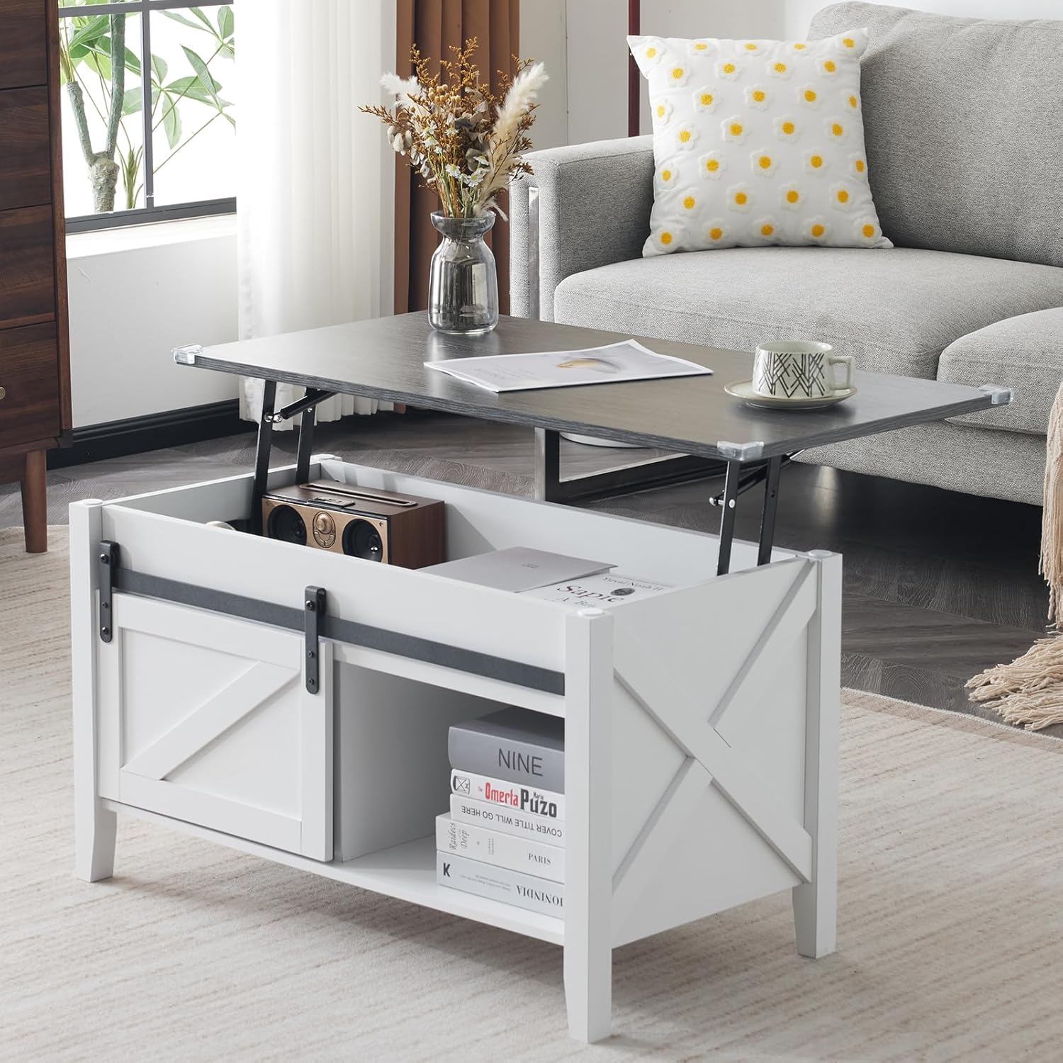 Lift Top Coffee Table 36" Farmhouse Rustic Wood Hidden Storage & Sliding Barn