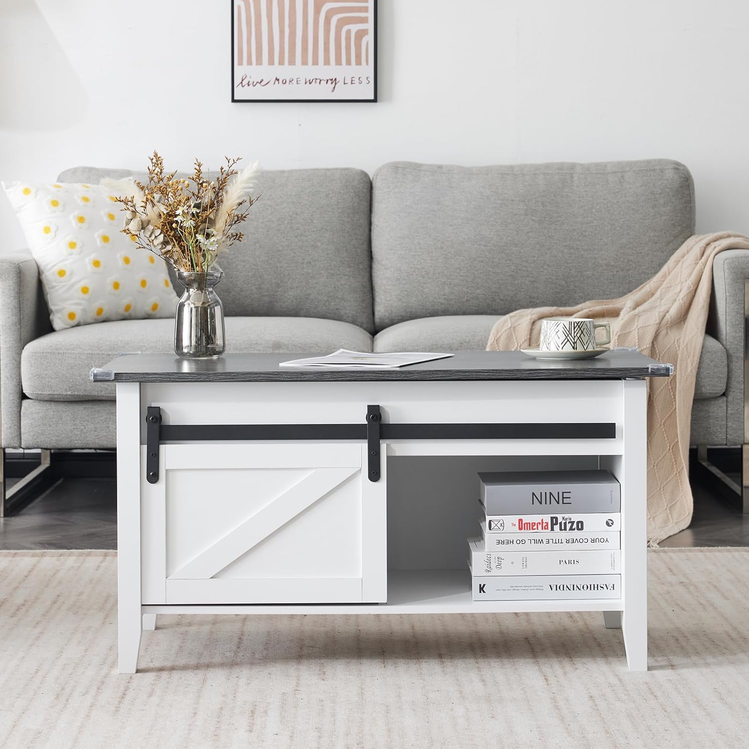 Lift Top Coffee Table 36" Farmhouse Rustic Wood Hidden Storage & Sliding Barn