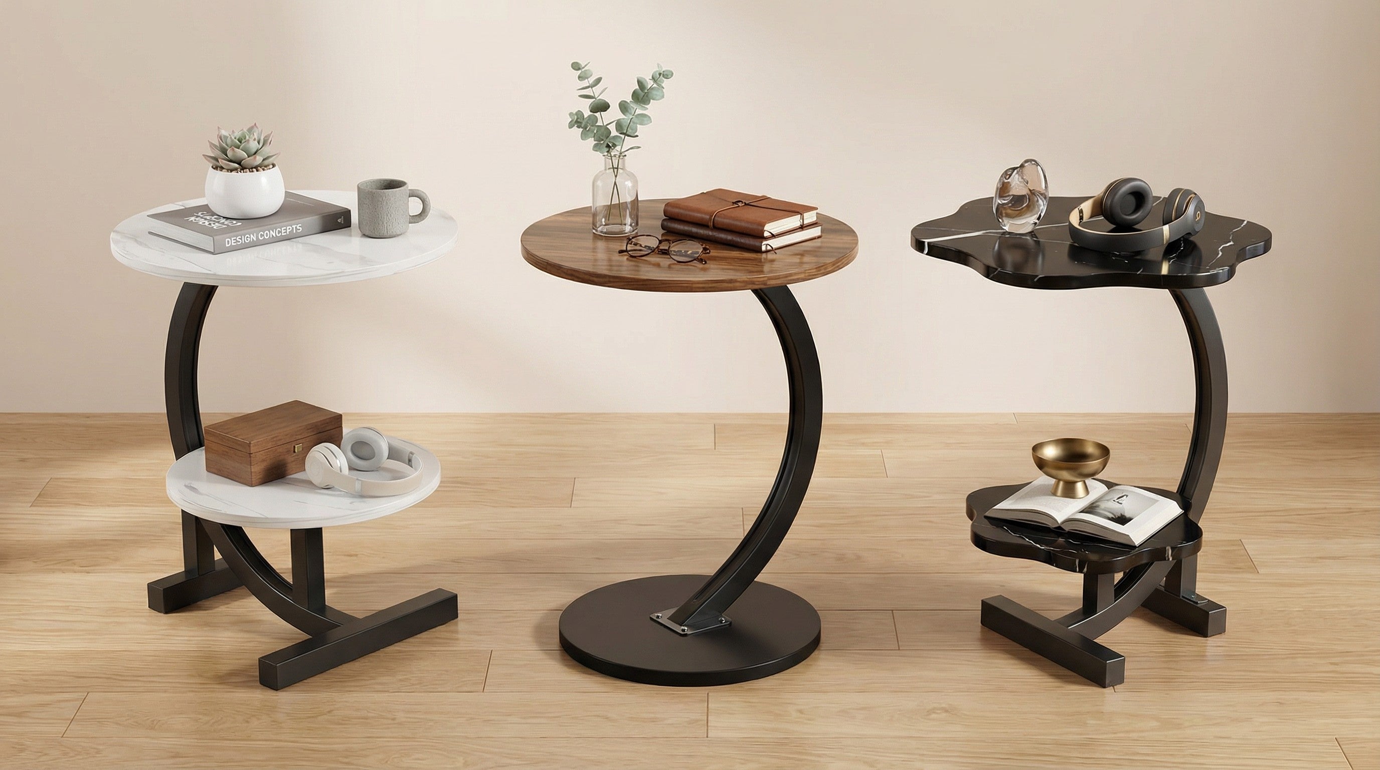 Modern Side Table – Round, C-Shape & Petal Designs | Sofa End Table with Metal