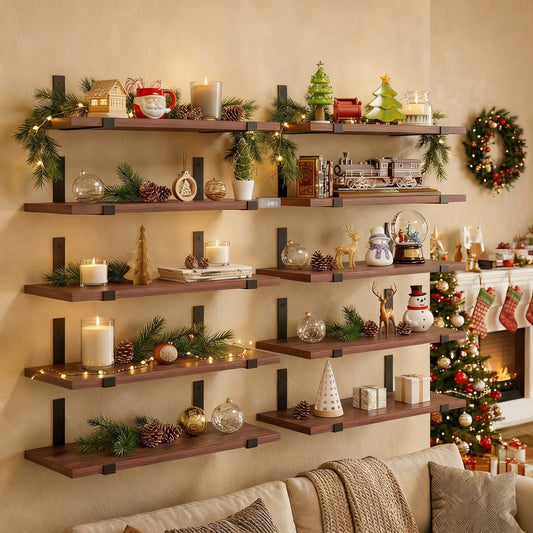 Wood Wall Shelves 15.8” with Metal Brackets – Rustic Floating Shelves | 5/8 Pack