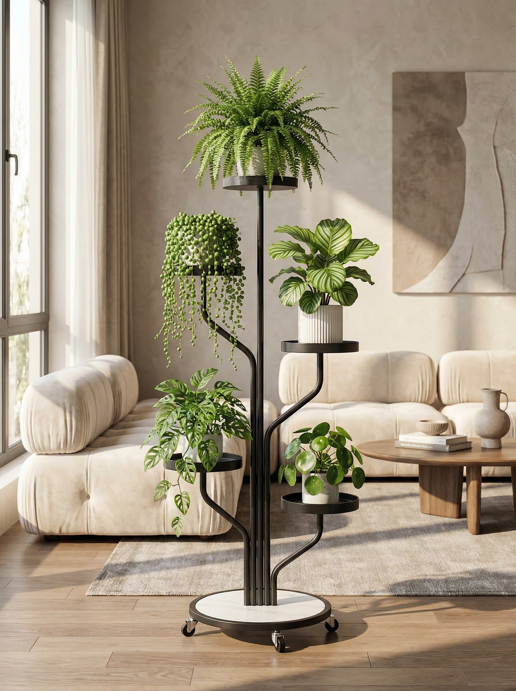 5-Tier Metal Plant Stand with Wheels, Rolling Indoor Outdoor Planter Shelf