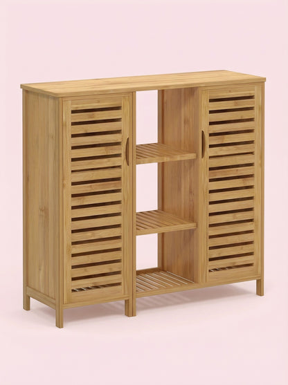 Bamboo 4 Tier Floor Cabinet with Doors, Freestanding Storage