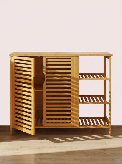 Bamboo 4 Tier Floor Cabinet with Doors, Freestanding Storage