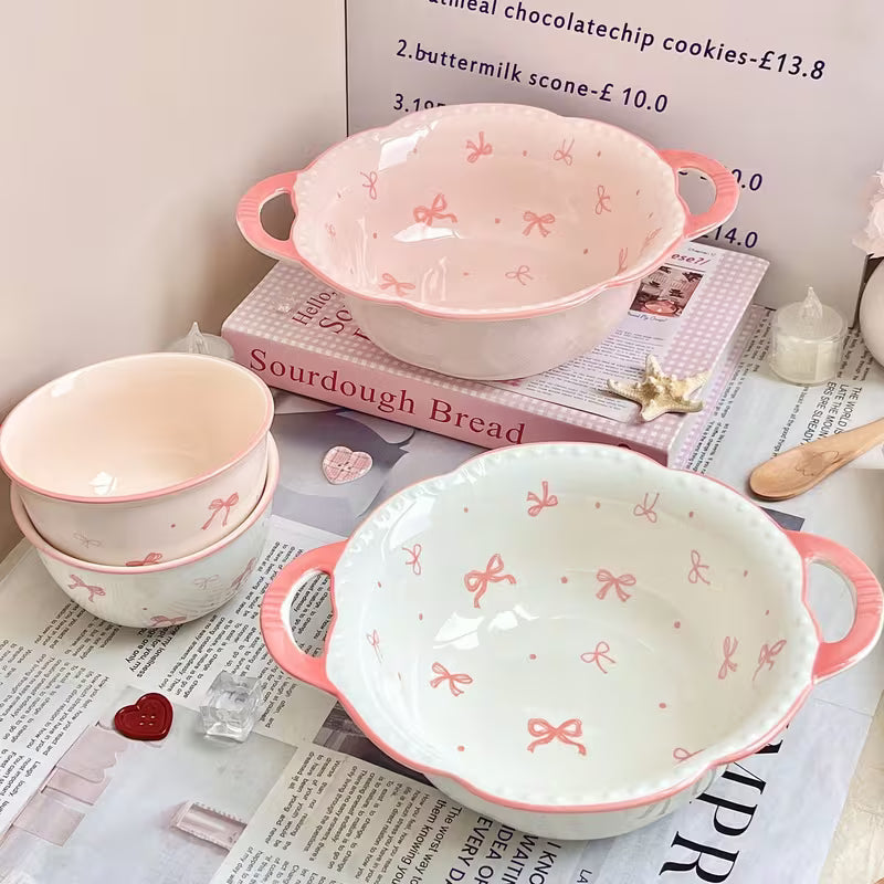 Large Ceramic Soup Bowl with Double Handles and Bowknot