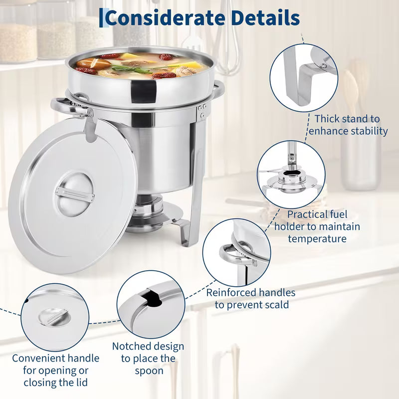 2-Pack 7-Quart Stainless Steel Round Soup Chafing Dish Set