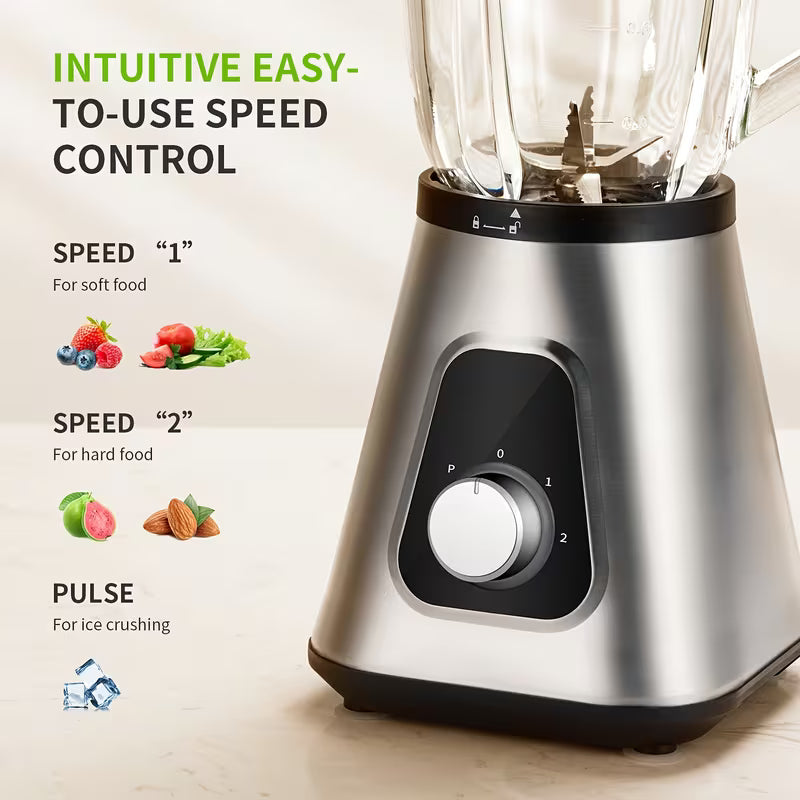 Powerful Countertop Blender with 52oz Glass Jar and 22oz Travel Cup Silvery