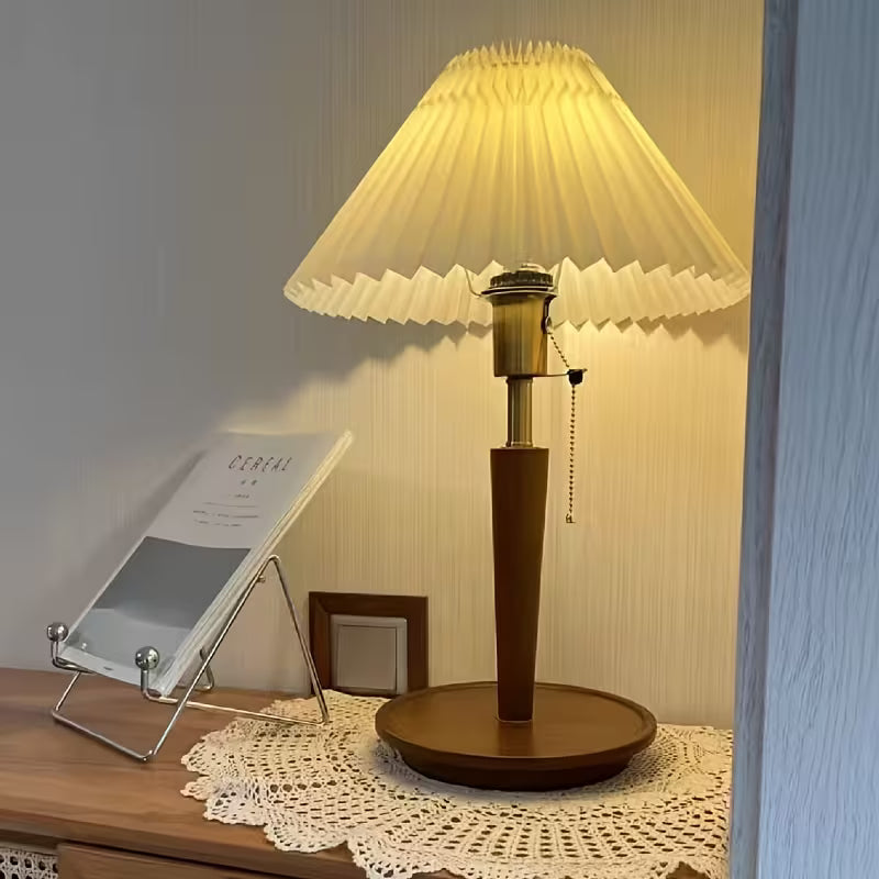 Traditional Pleated Wooden Desk Lamp with Solid Wood Base
