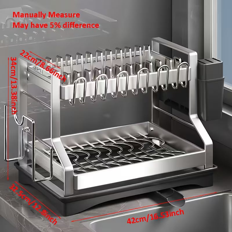 2-Tier Stainless Steel Rust-Resistant Dish Drying Rack with Drainboard