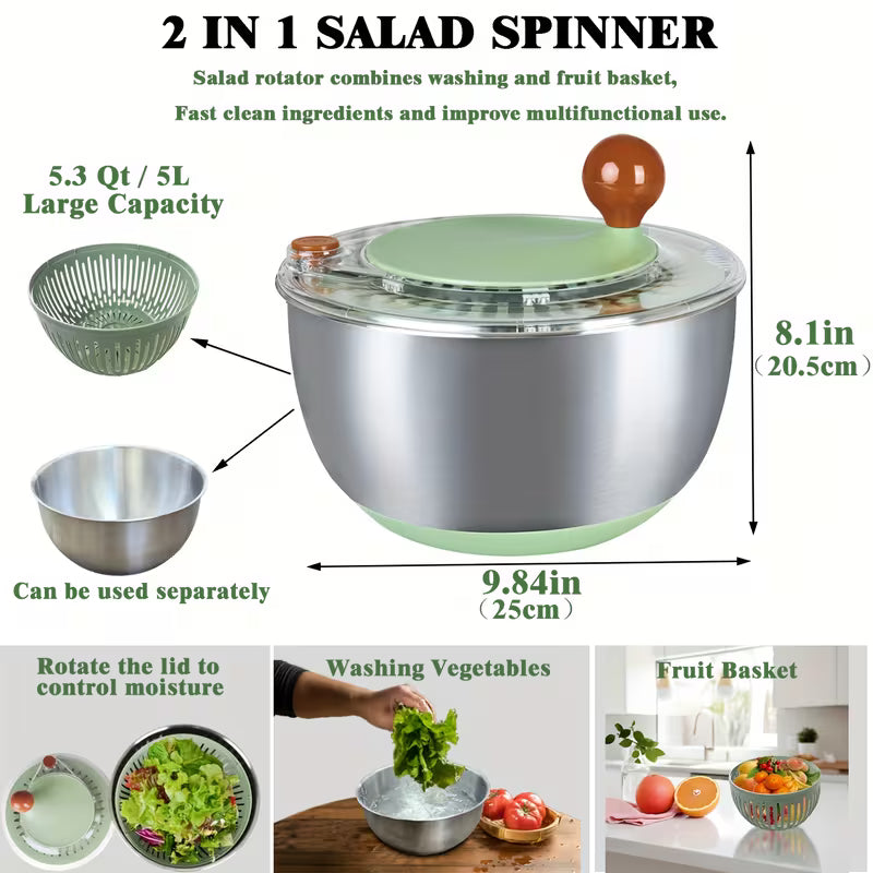 Stainless Steel Salad Spinner, Lettuce Spinner with Drain, Non-Slip Base, Stop Button, Vegetable Dryer, BPA Free, 5.3 Qt
