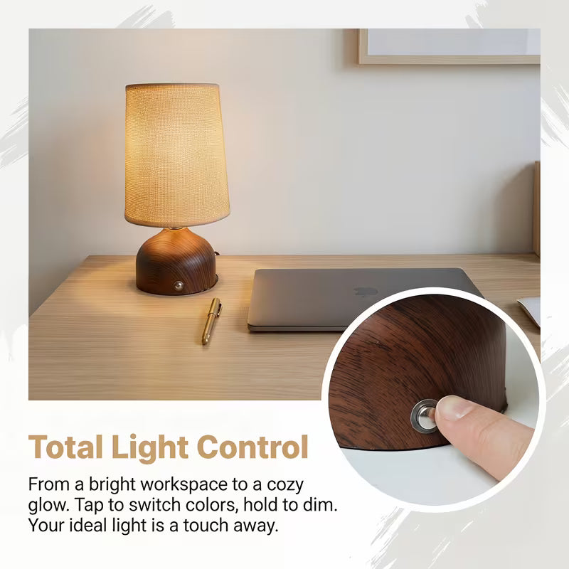 Wireless Rechargeable Wooden Table Lamp with Linen Shade