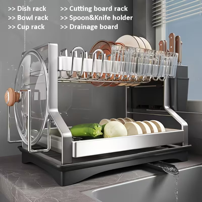 2-Tier Stainless Steel Rust-Resistant Dish Drying Rack with Drainboard