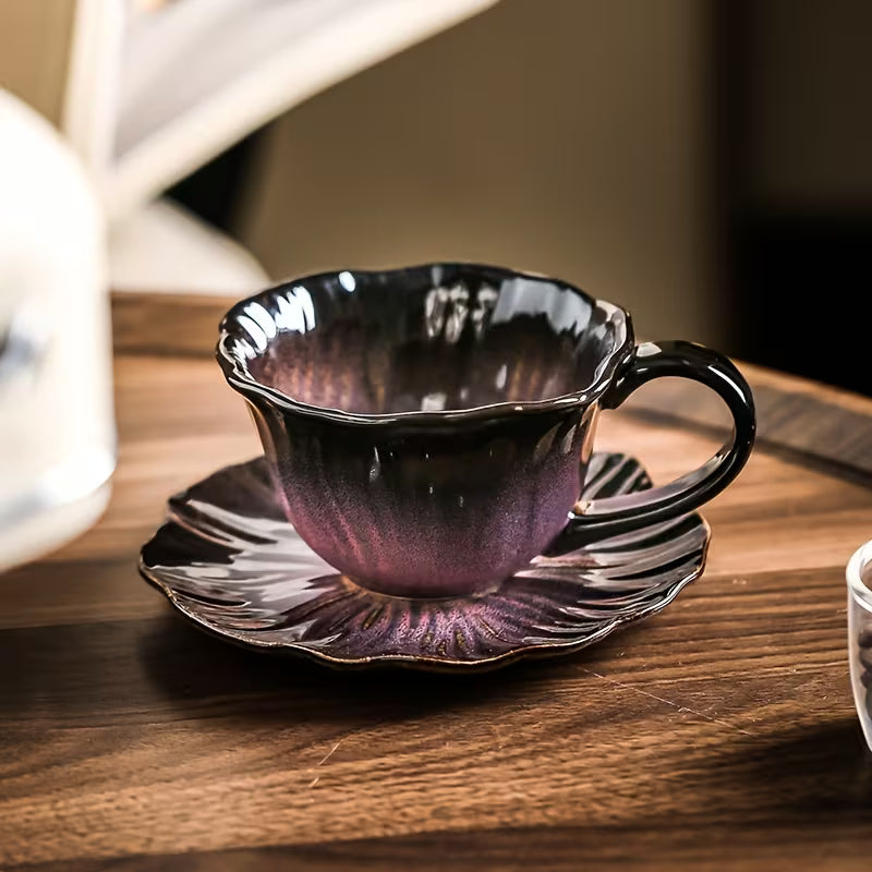 10 oz Embossed Floral Ceramic Coffee Mug with Saucer