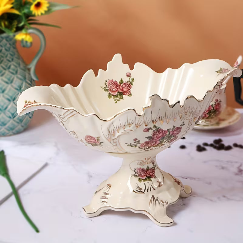 13-Inch Oval Ceramic Fruit Plate with Pedestal Foot Stand