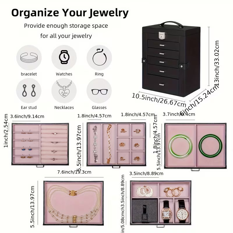 6-Tier Large Jewelry Box Organizer with 5 Drawers and Mirror