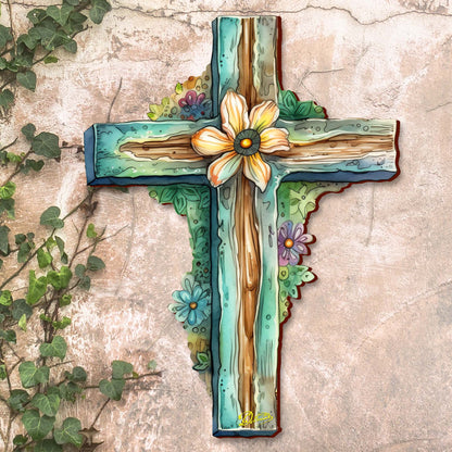 Teal Wooden Cross  - Easter Spring Decor
