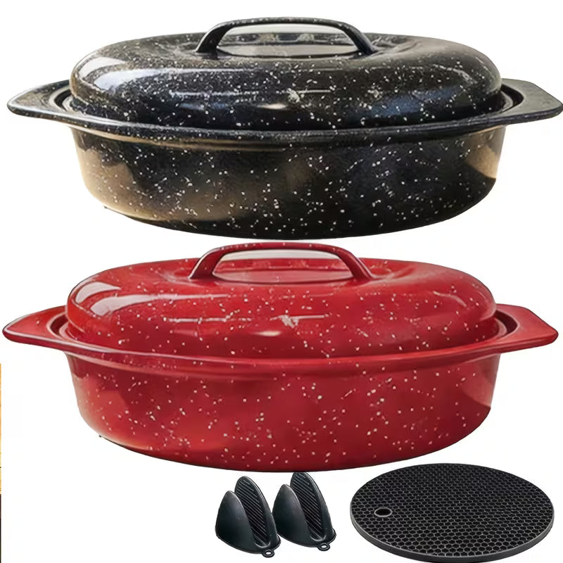 Oval Enamel Roasting Pan with Lid Baking Dish Turkey Roaster