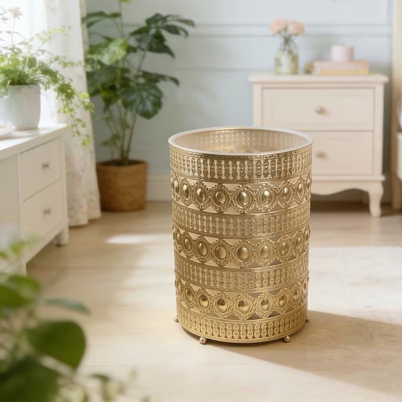 Luxury European Style Hollow Decorative Iron Waste Bin with Transparent Liner