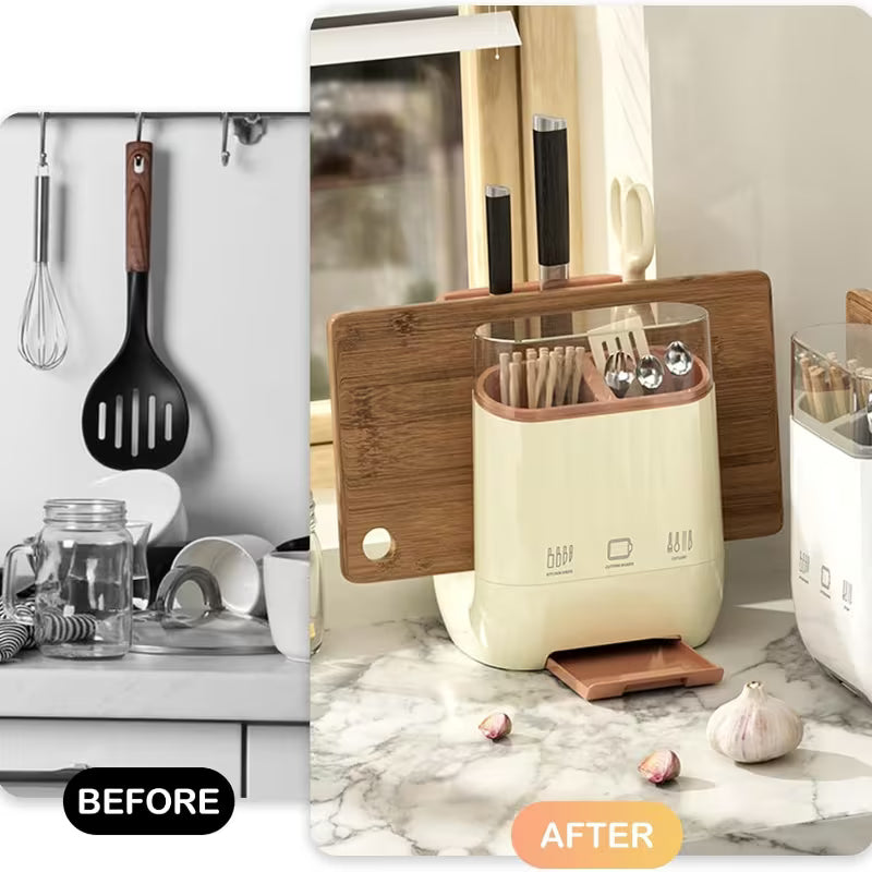 Countertop Utensil Organizer with Lid and Cutting Board Stand