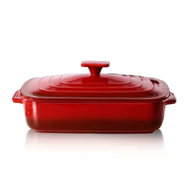 Large Ceramic Casserole Dish with Lid 4.0 Qt Rectangular Baking Pan Red