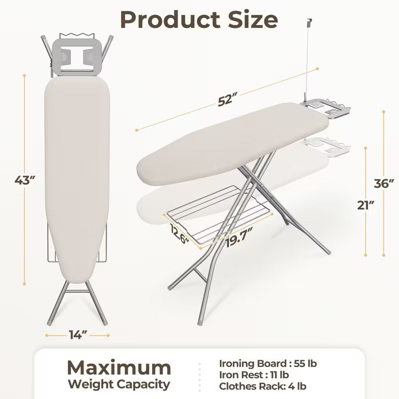 Full Size Foldable Ironing Board with Clothes Rack