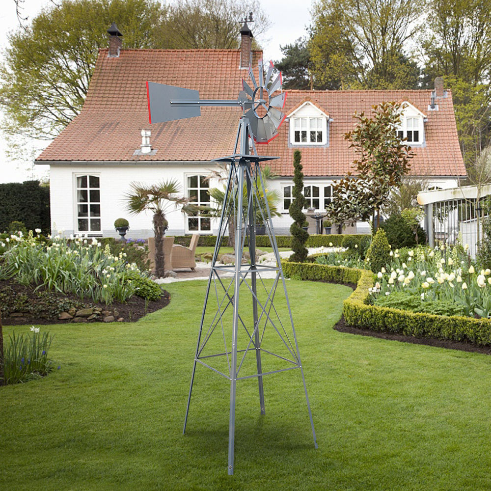 8ft Green Windmill with Weather Vane 4-Legged Standing Rotatable Iron Garden Decoration