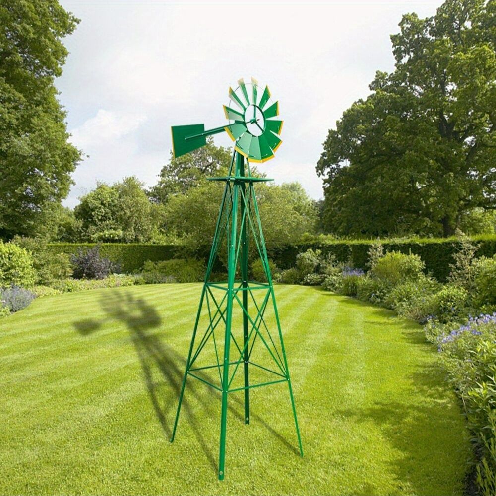 8ft Green Windmill with Weather Vane 4-Legged Standing Rotatable Iron Garden Decoration