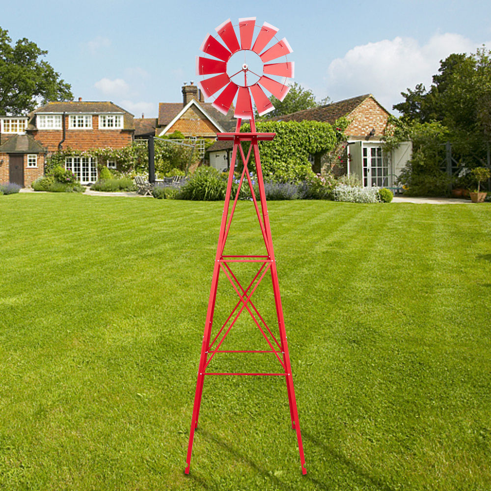 8ft Green Windmill with Weather Vane 4-Legged Standing Rotatable Iron Garden Decoration