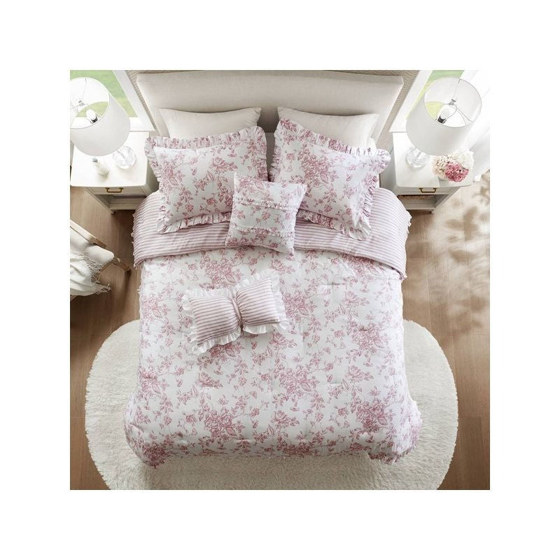 Romantic Blue Floral Reversible Comforter Set with Ruffled Pillows