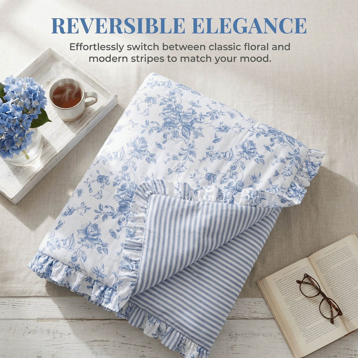Romantic Blue Floral Reversible Comforter Set with Ruffled Pillows