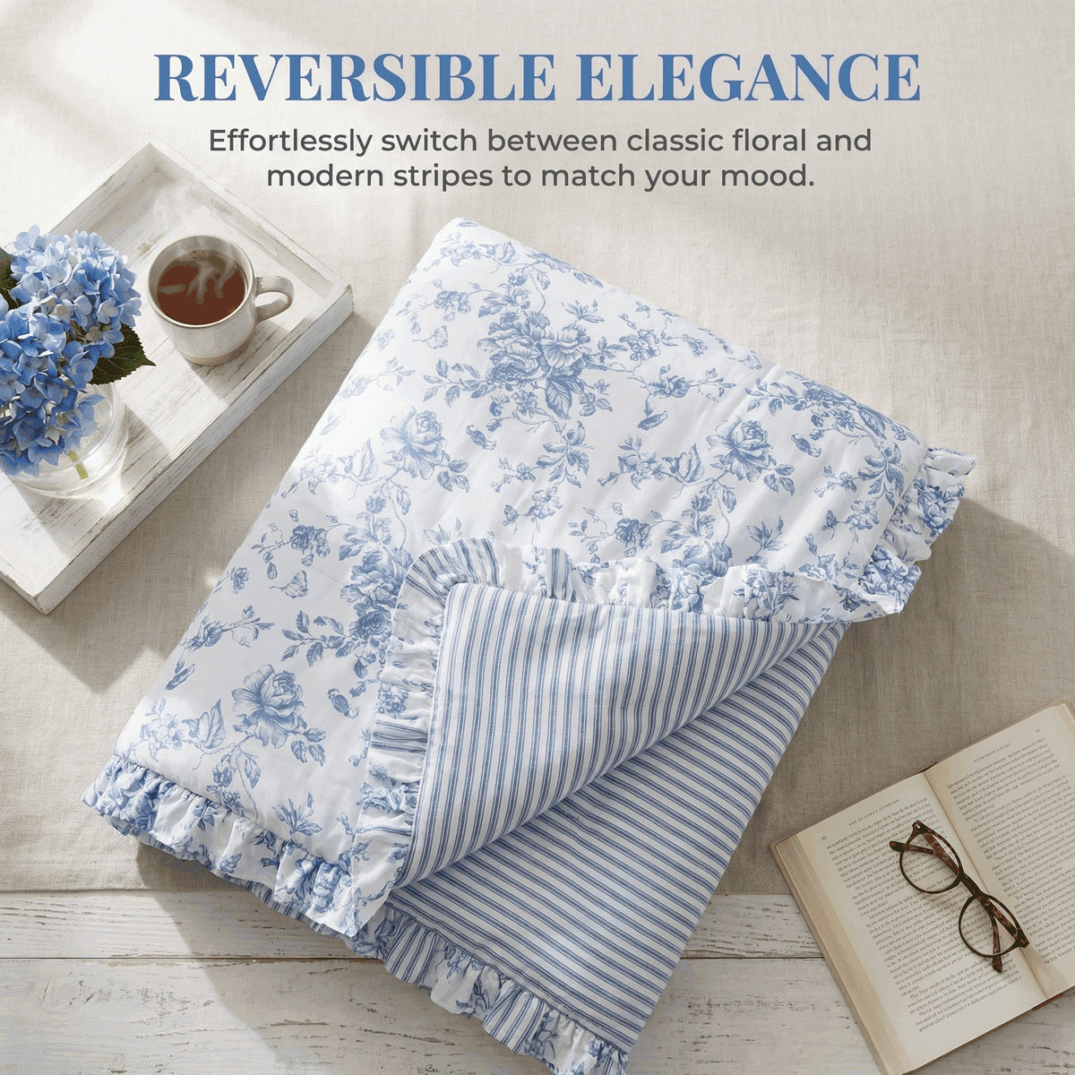 Romantic Blue Floral Reversible Comforter Set with Ruffled Pillows