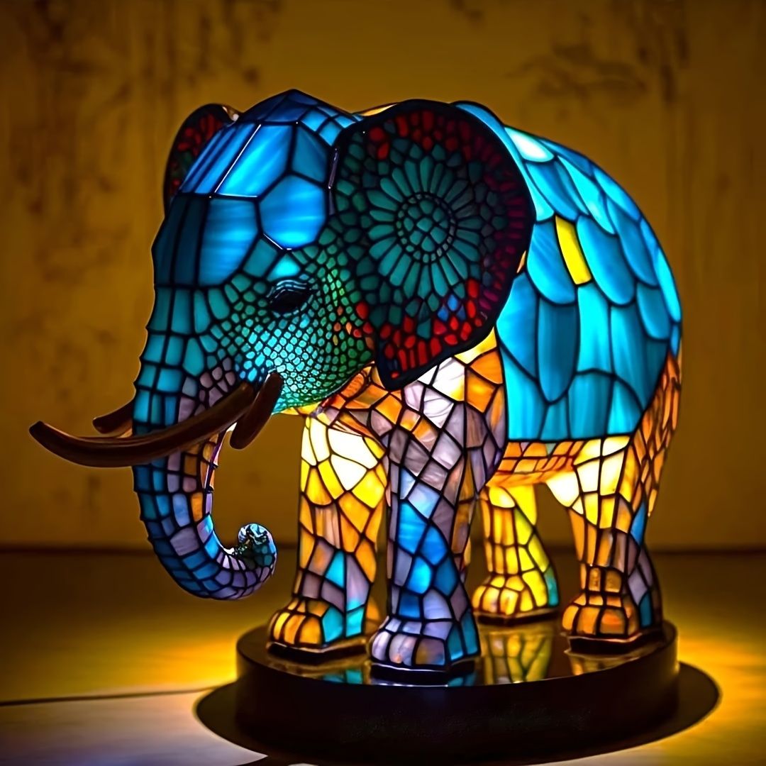 Stained Glass Elephant LED Lamp USB Resin Sculpture