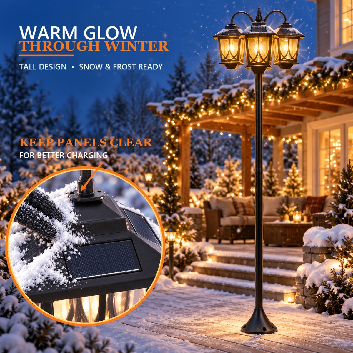 3-Headed Solar Outdoor Post Light 73 Inch Dusk to Dawn