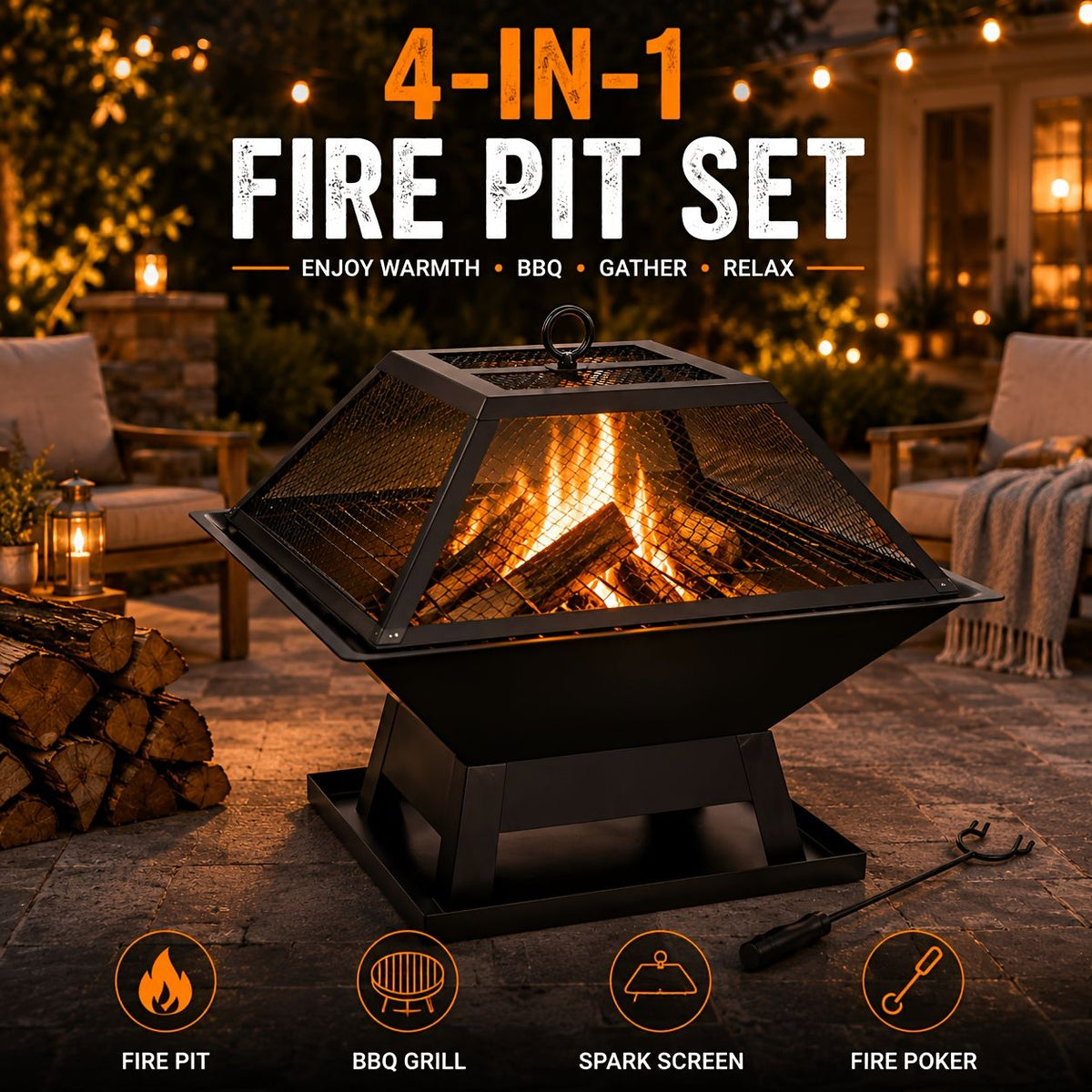 4-in-1 Wood Burning Fire Pit with Cooking Screen and Poker