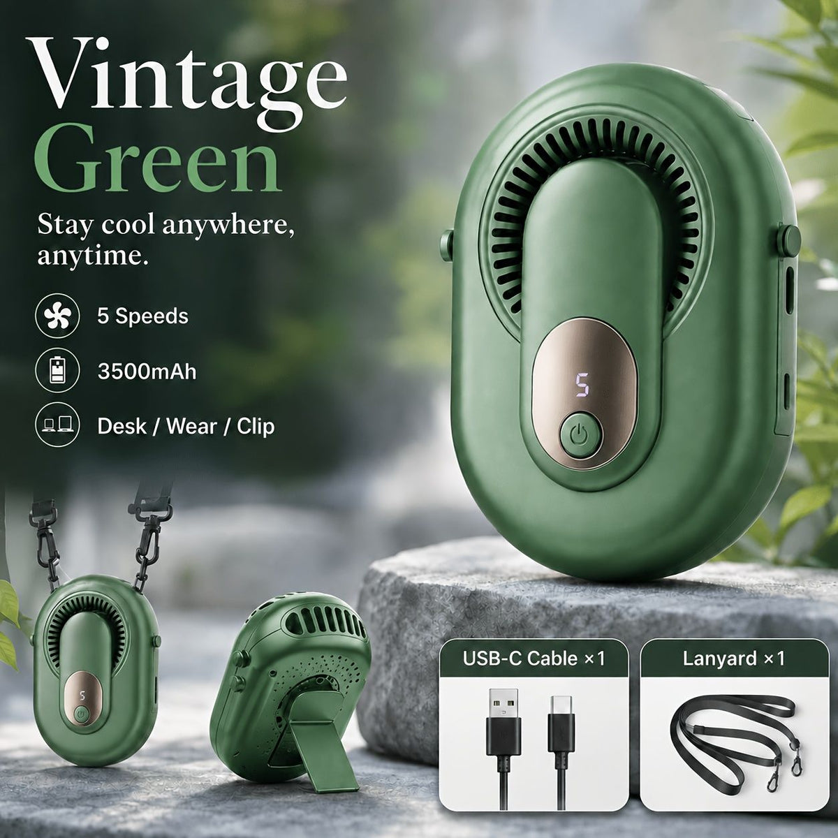 Portable Waist and Neck Fan with Lanyard and Desk Stand