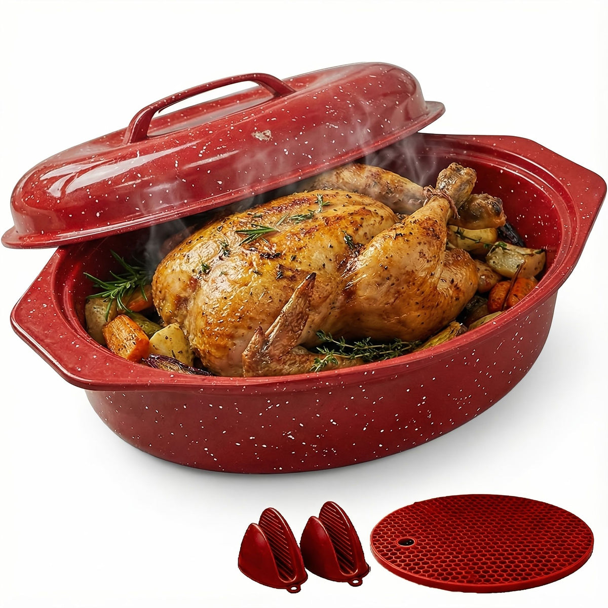 Oval Enamel Roasting Pan with Lid Baking Dish Turkey Roaster