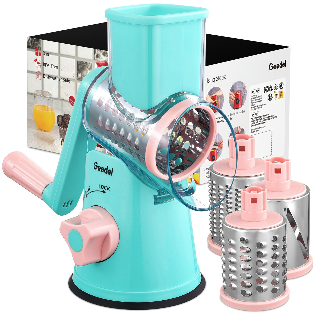 Crank 3-Blade Cheese and Vegetable Grater with Suction Base