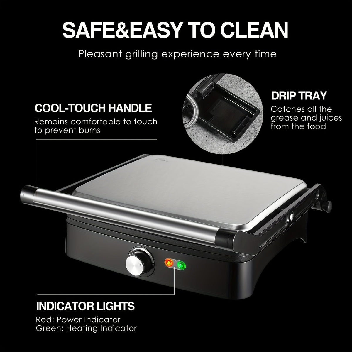 1200W Nonstick Sandwich Maker Grill with Adjustable Temperature