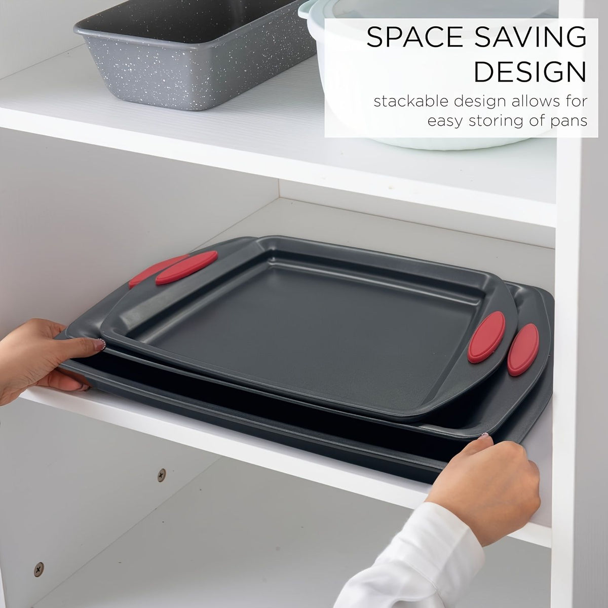 Non Stick Steel Baking Pan Set with Red Silicone Handles