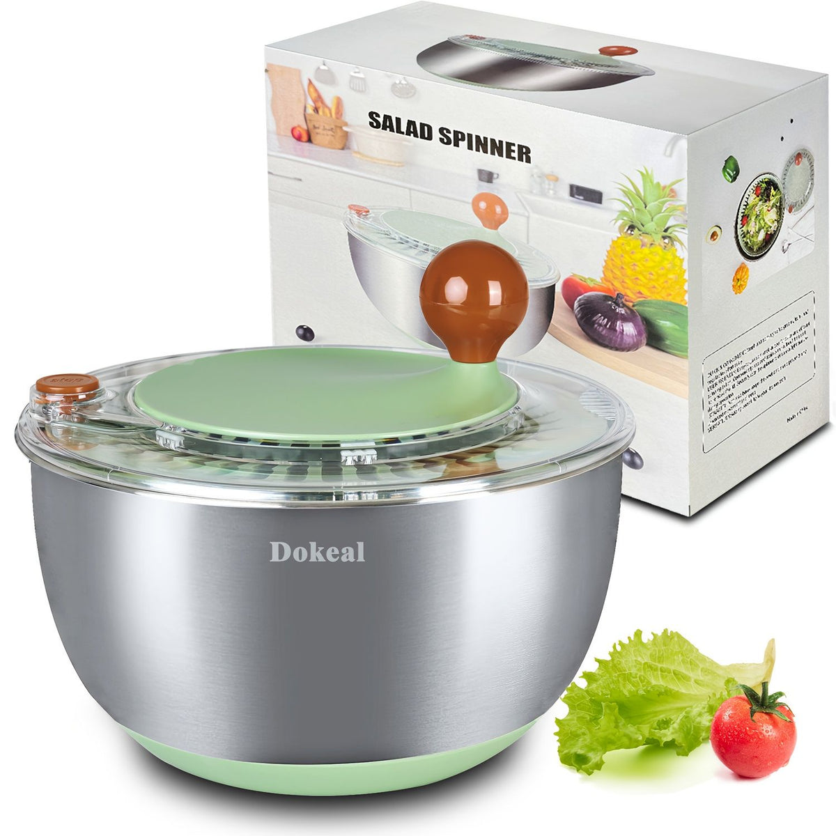 Stainless Steel Salad Spinner, Lettuce Spinner with Drain, Non-Slip Base, Stop Button, Vegetable Dryer, BPA Free, 5.3 Qt