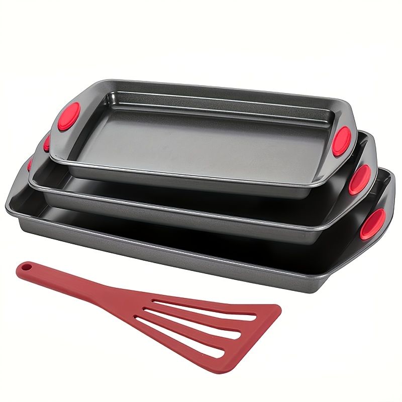 Non Stick Steel Baking Pan Set with Red Silicone Handles
