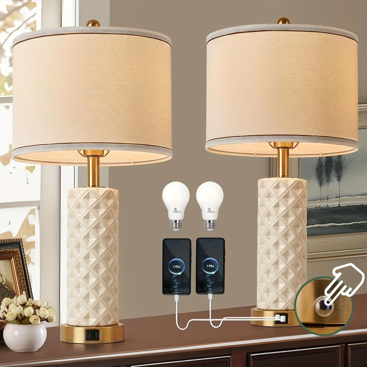 Set of 2 26in Ceramic Bedside Desk Lamps with USB Ports and Linen Shades