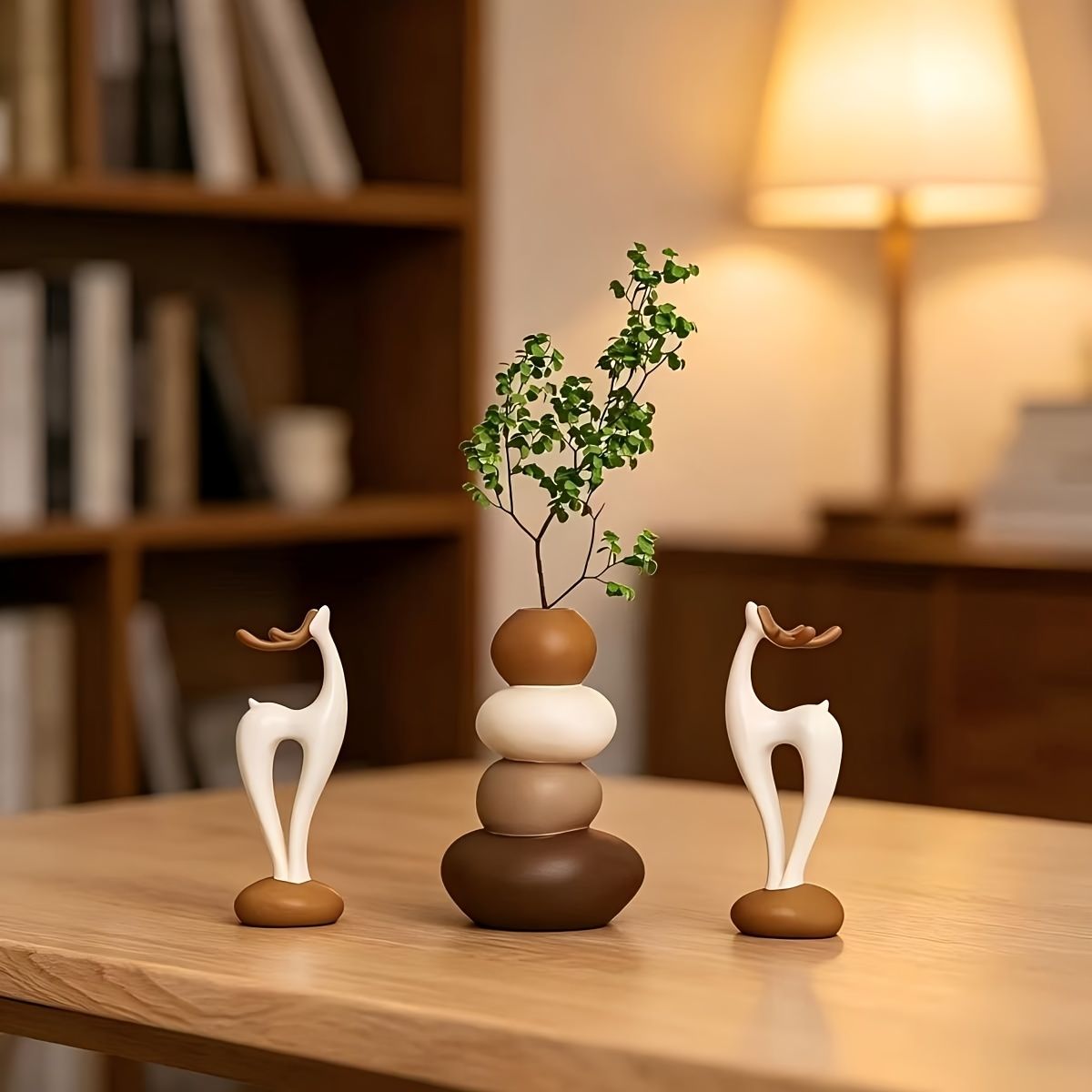 Layered Stone Vase Deer Figurine Set