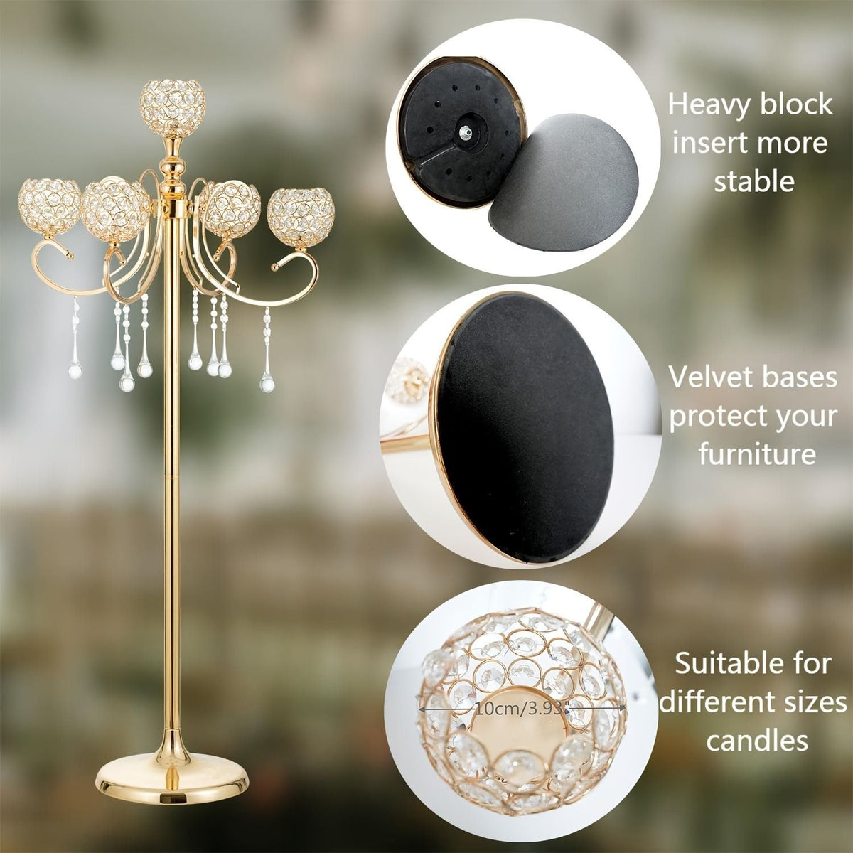 45.3-Inch Gold 5-Branch Floor Candelabra with Crystal Beads