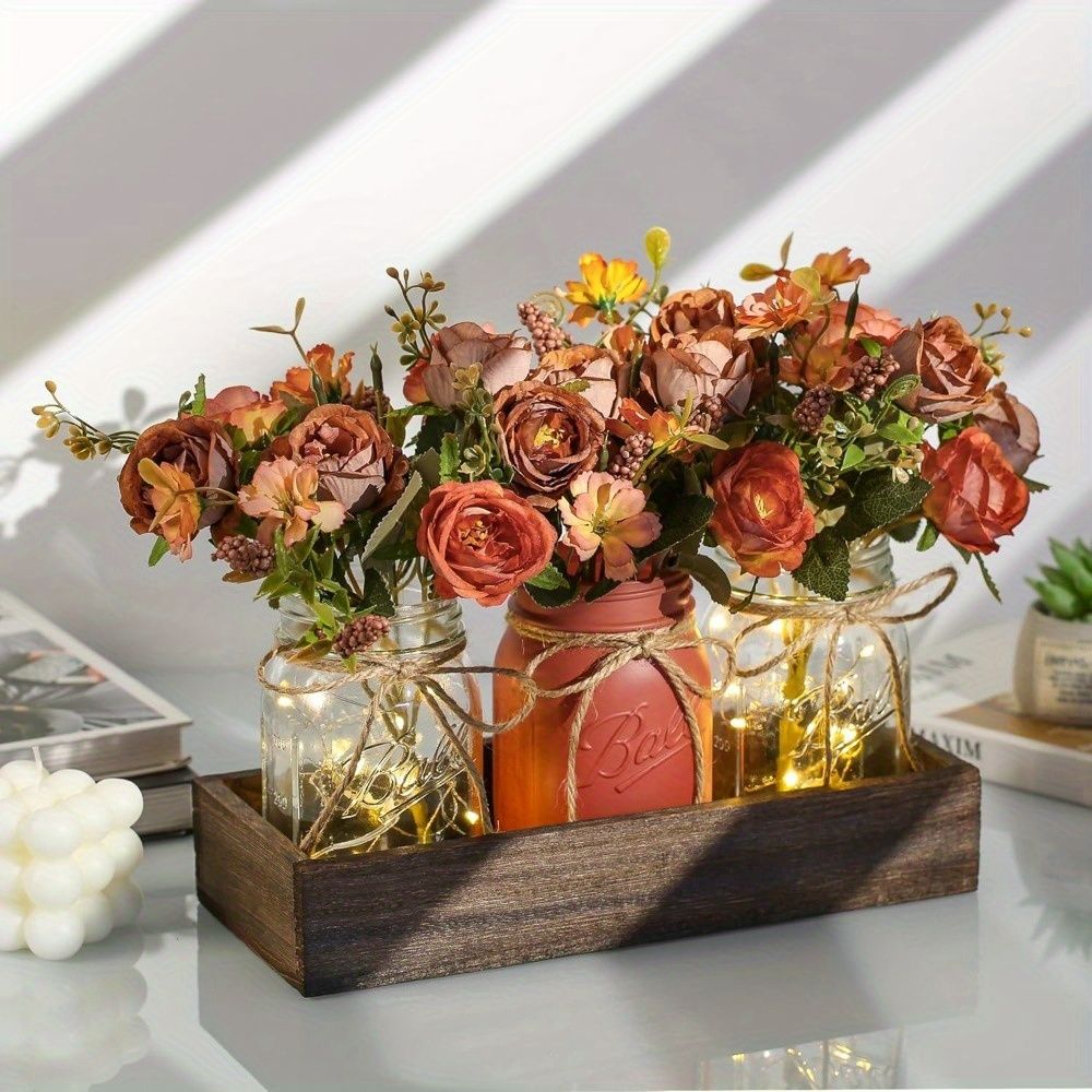 Mason Jar Centerpiece Set with Wood Tray and LED Light